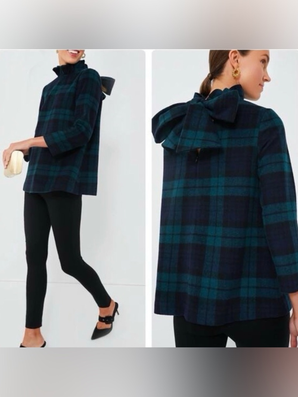 NWOT Tuckernuck Blackwatch Plaid Faye Blouse Green Navy Blue Bow Ruffle Large L